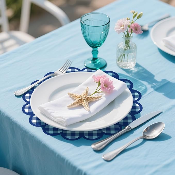 100Pcs Checkered Paper Placemats Dark Blue Gingham Place Mats 13.5 Inch Disposable Round Decorative Dining Table Mat with Scalloped Edge Paper Cutouts Decor for Summer Picnic BBQ Table Party Supplies
