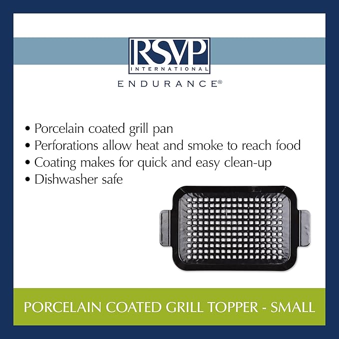 RSVP International Porcelain Coated Steel BBQ Grill Tray/Pan, Outdoor Barbeque Grilling Accessories for Cooking Fish & Vegetables, Dishwasher Safe, Small, 13x7.25"