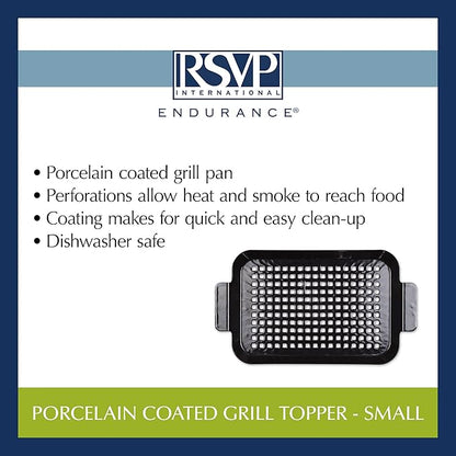 RSVP International Porcelain Coated Steel BBQ Grill Tray/Pan, Outdoor Barbeque Grilling Accessories for Cooking Fish & Vegetables, Dishwasher Safe, Small, 13x7.25"