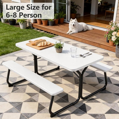 Picnic Table, 6 FT Outdoor Picnic Table with Benches for 8 People, Heavy Duty Picnic Bench Set with Steel Frame, 600LBS Capacity, Patio Dining Table Set for Backyard, Park, Garden, School