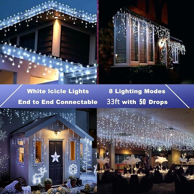 Joomer 33FT Christmas Icicle Lights Outdoor Connectable White | 50 Drops 8 Modes Timer Waterproof Plug-in String Light for Christmas Party, holiday Eaves Roof yard Xmas Decorations