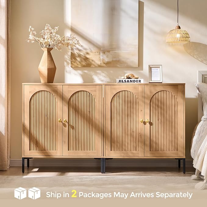 IFBUY Modern Sideboard Buffet Cabinet, 61.75" W Fluted Arched Buffet Cabinet with Storage and Adjustable Shelves, Wooden Modular Coffee Bar Cabinets for Kitchen, Entryway, Natural