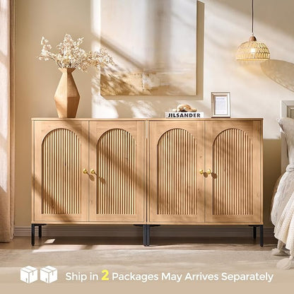 IFBUY Modern Sideboard Buffet Cabinet, 61.75" W Fluted Arched Buffet Cabinet with Storage and Adjustable Shelves, Wooden Modular Coffee Bar Cabinets for Kitchen, Entryway, Natural