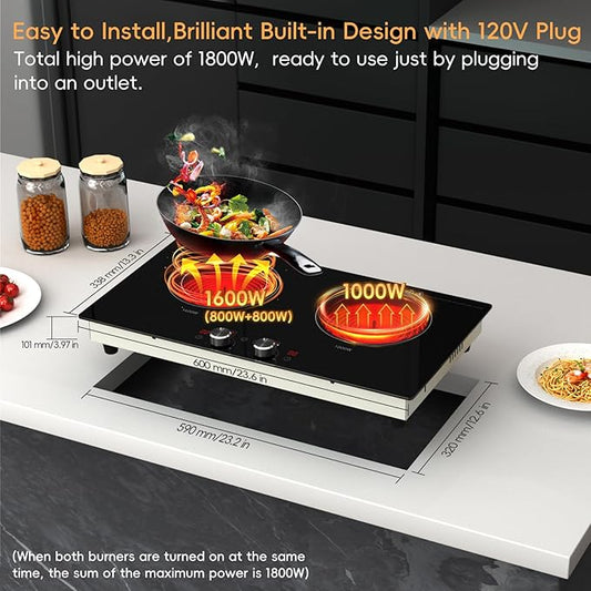 2 Burner Electric Cooktop 24 Inch, 120V Electric Stove Top with Countertop & Built-in Design, 1800W Knob Control Radiant Ceramic Cooktop with Safety Lock, 9 Level Power, 99 Min Timer - Plug in