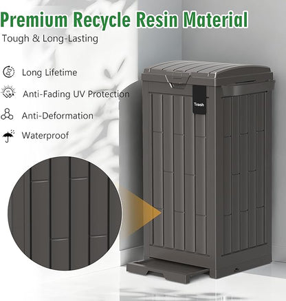 Outdoor Trash Can, 30 Gallon Garbage Can with Tiered Lid and Drip Tray, Waterproof Resin Waste Bin for Patio, Garden, Backyard, Deck, Brown