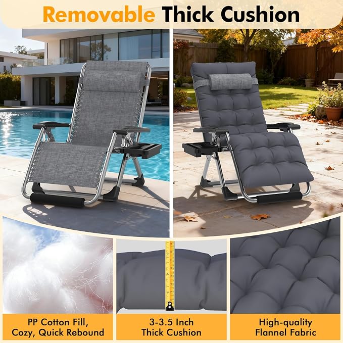 Slendor Oversized Zero Gravity Chairs XL, 29in Recliner Chair, Dark Grey | Reclining Lounge Chair, Folding Anti Gravity Chairs w/Aluminum Alloy Lock, Removable Cushion&Headrest, 440lbs, for Lawn Patio