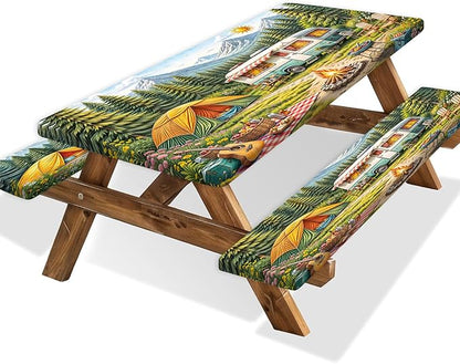Happy Camping Picnic Table Cover with Bench Covers & Bag, Camping Essentials, RV Tent Forest Mountain Waterproof Windproof Fitted Tablecloth Cover with Elastic Edge for Outdoor Garden 3 PCS 30x96 Inch