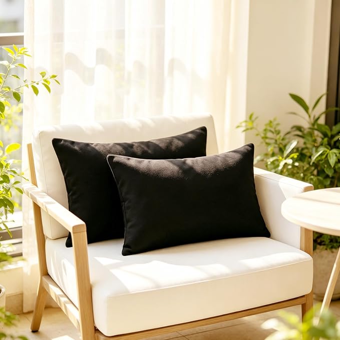 Outdoor Throw Pillows with Inserts, Waterproof Pillows for Outdoor Seating, Square Decorative Garden Cushion for Patio Furniture, Bed, Couch, Sofa (Black, 12" x 20" (Pack of 2))