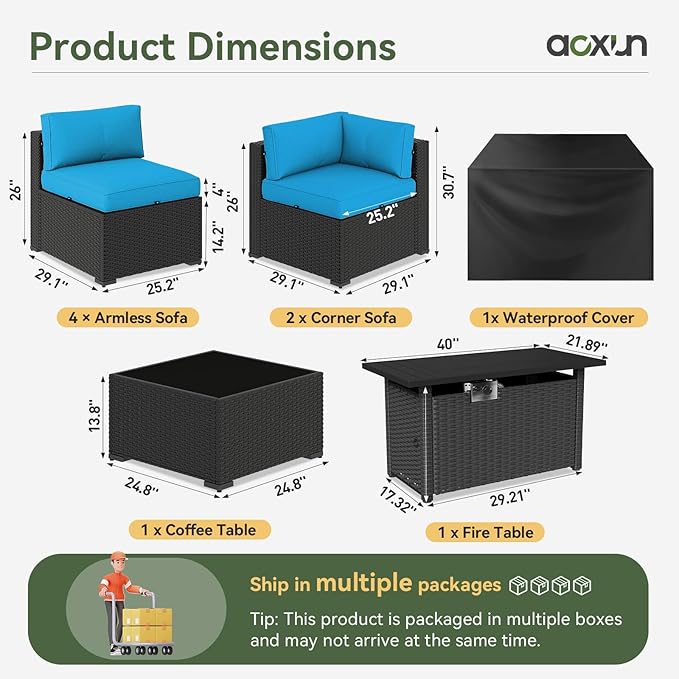 Aoxun 8 Piece Patio Furniture Set with 44” Fire Pit Table, Wicker Rattan Patio Sectional Sofa, Outdoor Furniture Set with Thickened Cushion, Peacock Blue