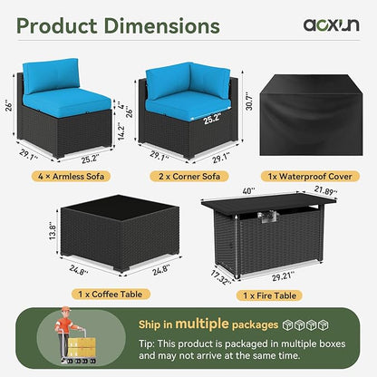 Aoxun 8 Piece Patio Furniture Set with 44” Fire Pit Table, Wicker Rattan Patio Sectional Sofa, Outdoor Furniture Set with Thickened Cushion, Peacock Blue