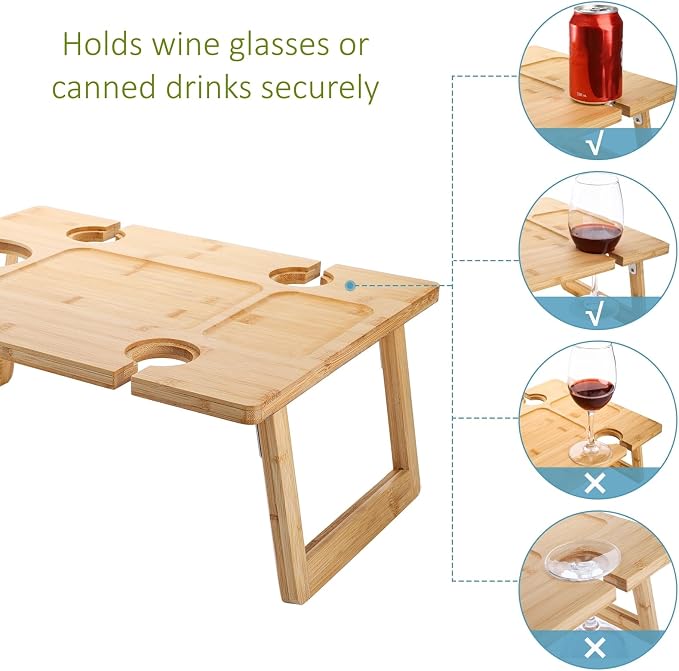 Peohud Portable Wine Picnic Table, Foldable Champagne Picnic Snack Table Tray, Wooden Outdoor Picnic Table with Glass Holder for Park, Beach, Camping, Bed, Wine Lover Gift