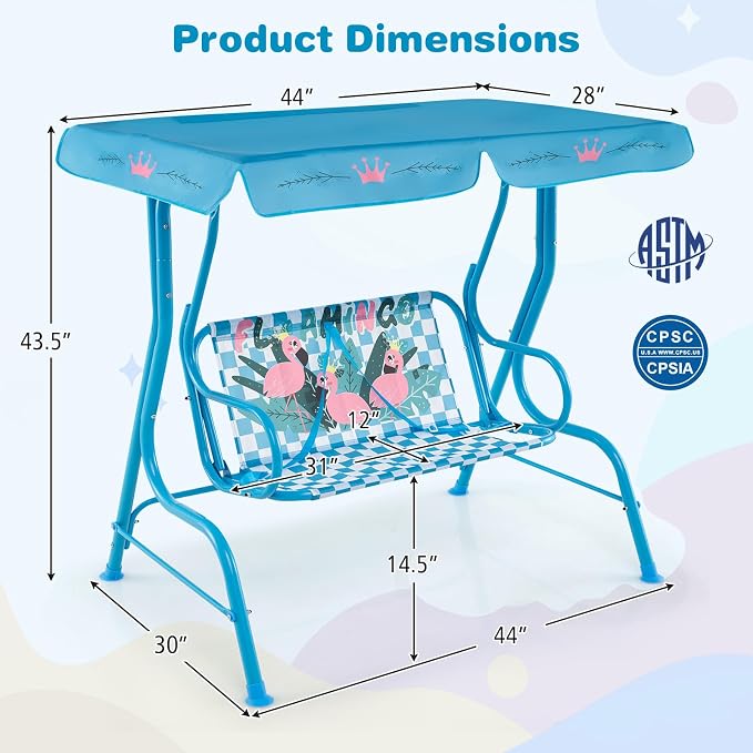 HONEY JOY Kids Patio Swing, 2-Seater Outdoor Porch Swing Lounge Chair, Adjustable Canopy & Safety Belt, All Weather Resistant Waterproof Hanging Swing Bench for Garden Poolside Balcony(Blue Flamingo)