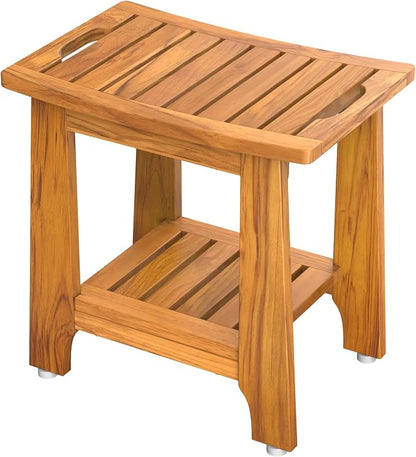 NNN 18" Standard Teak Shower Bench with Japan-Made Non-Slip Leveling Feet | US Patented Design, Marine-Grade Hardware, Pre-Oiled European Teak Oil, Ready, 300lb, for Standard Tubs Showers & Outdoor Use
