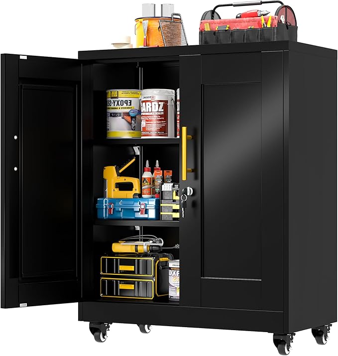 GAIOUS Metal Storage Cabinet with Lock and Wheels, Steel Tool Cabinet with 2 Door and 2 Adjustable Shelves, 35” Tall Lockable File Cabinet, Garage Cabinet, Rolling Cabinet for Home Office - Black
