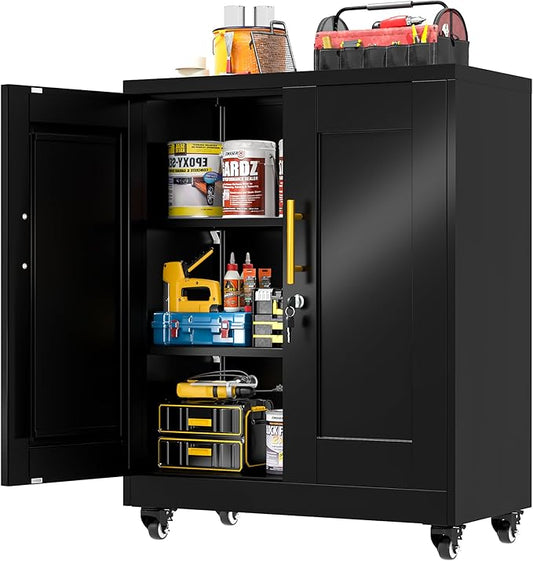 GAIOUS Metal Storage Cabinet with Lock and Wheels, Steel Tool Cabinet with 2 Door and 2 Adjustable Shelves, 35” Tall Lockable File Cabinet, Garage Cabinet, Rolling Cabinet for Home Office - Black