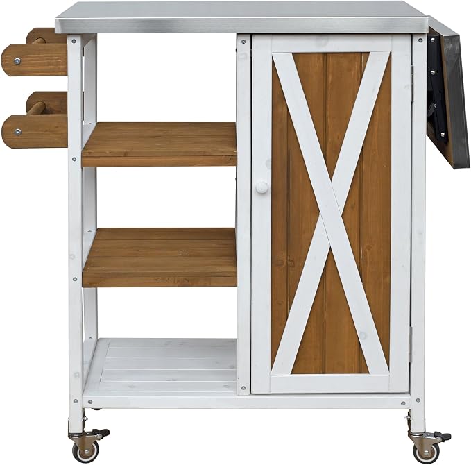JIVOIT Outdoor Kitchen Island with Foldable Stainless Steel Tabletop, Patio Fir Wood Kitchen Cart Portable Prep Station with Lockable Wheels, Storage Cabinet and Towel Rack (White+Brown/123)