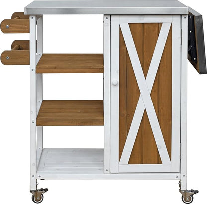 JIVOIT Outdoor Kitchen Island with Foldable Stainless Steel Tabletop, Patio Fir Wood Kitchen Cart Portable Prep Station with Lockable Wheels, Storage Cabinet and Towel Rack (White+Brown/123)