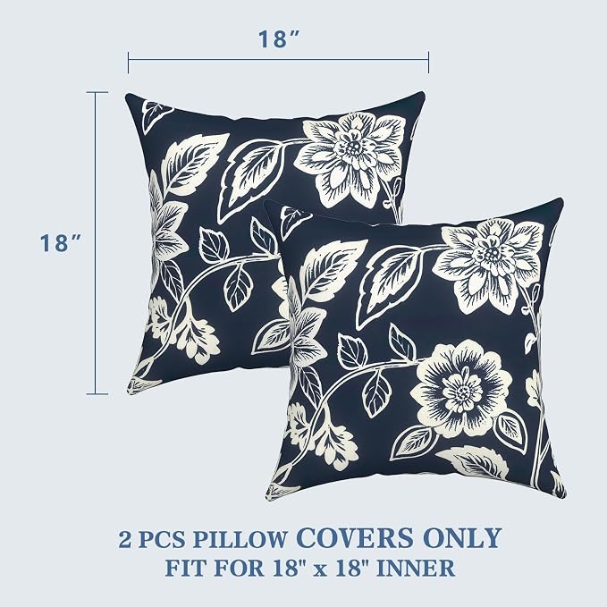LVTXIII 2 Pack Outdoor Pillow Covers ONLY 18x18 Inch, Water-Repellent Square Decorative Cushion Covers for Patio Furniture, Garden, Sofa, Elegant Vines Navy