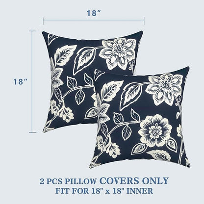 LVTXIII 2 Pack Outdoor Pillow Covers ONLY 18x18 Inch, Water-Repellent Square Decorative Cushion Covers for Patio Furniture, Garden, Sofa, Elegant Vines Navy