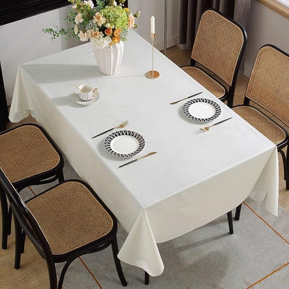 SASTYBALE Off White Vinyl Tablecloth with Flannel Backing, 60 x 84 Inch | Waterproof PVC Surface, Wipeable Rectangular Table Cover for Kitchen, Dining, Brunches, Weddings and Gatherings