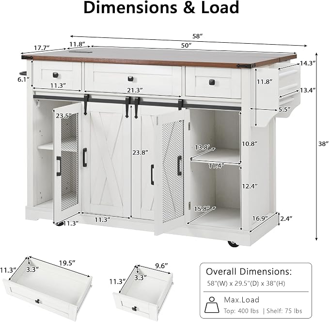 Bellemave 58" Farmhouse Kitchen Island cart with Charging Station and with Storage, Sliding Barn Door & Metal Grid Side Door, Rolling Kitchen Island Table with 5 Wheels with Spice Rack, White