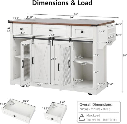 Merax Farmhouse 58" Kitchen Island on 5 Wheels with Drop Leaf Table, White | Wood Kitchen Rolling Cart with Power Outlet & Glass Holders, Spice Rack & Sliding Barn Door, 3 Drawers & Cabinet