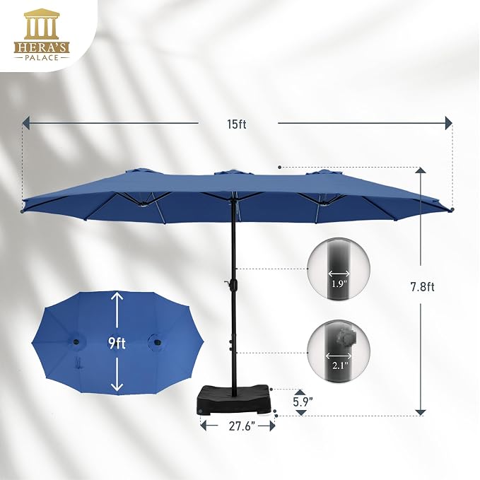 HERA'S PALACE 15ft Patio Umbrella, Base Included, Rectangular, Haze Blue | outdoor, table, large, 15, rectangle, double, pool, stand, clearance, outside, triple, shade, sun