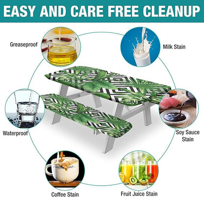 Palm Leaves Picnic Fitted Tablecloths and Bench Covers, Tropical Jungle Plant Leaf Print Elastic Edge Table Cover, 72x28 Inch, 3 Pcs Set Rectangle Tablecloths for Indoor Outdoor Dinner Party Patio Use