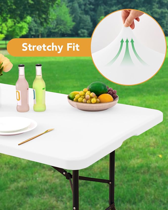 Fitted Tablecloth Rectangle Table Cloths with Elastic, 8 ft, White, 8 Pack | For Outdoor Picnic Camping Party 8 foot Folding Spandex Table Covers, Water-Resistant, Windproof, Reusable, 96"L x 30"W