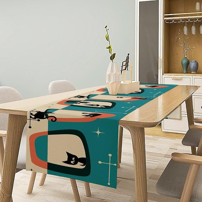 Mid Century Style Table Runner,Black Cat Modern Abstract Geometric Vintage Colorful Shape Pattern for Kitchen Coffee/Tea Table Dinner Room 13x70in