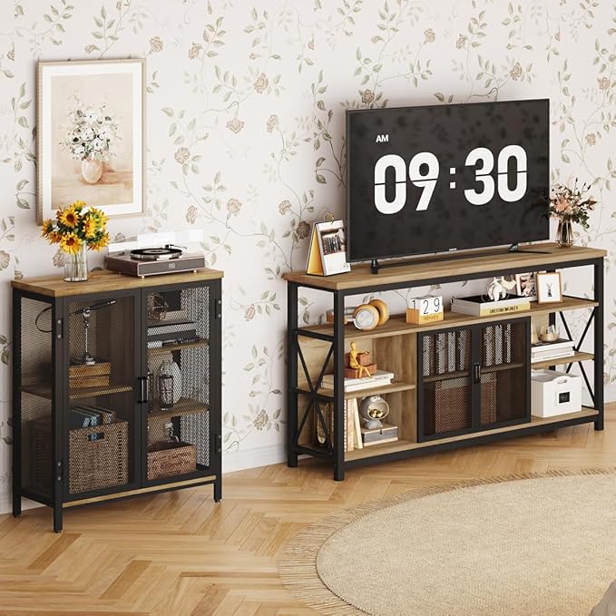 Coffee Bar Cabinet with Storage for Home Kitchen, Rustic Liquor Cabinet for Entryway, Small Industrial Buffet Sideboard Cabinets for Dining Room (Vintage Oak)