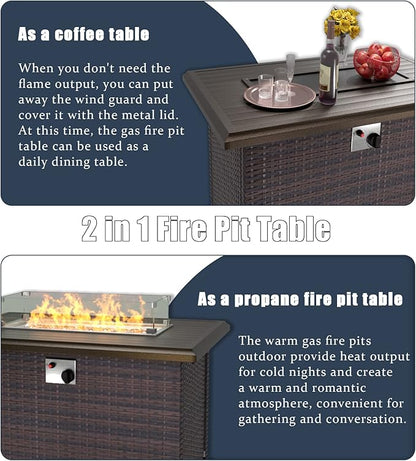 43" Propane Fire Pit Table 55,000 BTU, Gas Fire Pit with Glass Wind Guard and Metal Lid,CSA Certification Outdoor Fire Pit Auto-Ignition