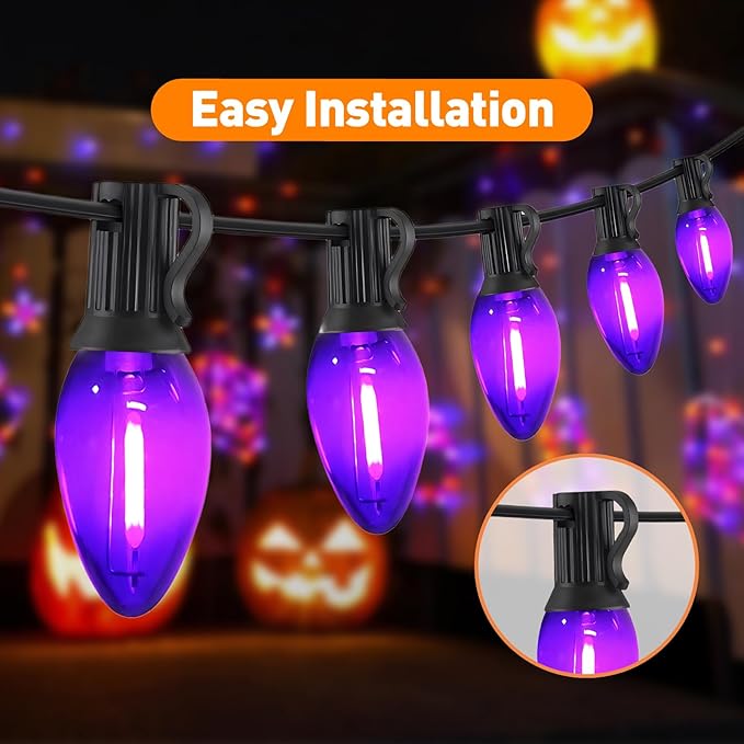 C7 LED Christmas & Halloween Lights - 12FT Outdoor Purple String Lights with 12 Vintage LED Bulbs, Indoor/Outside Hanging Decor for Porch, Garden, Backyard, Balcony, Holiday Party