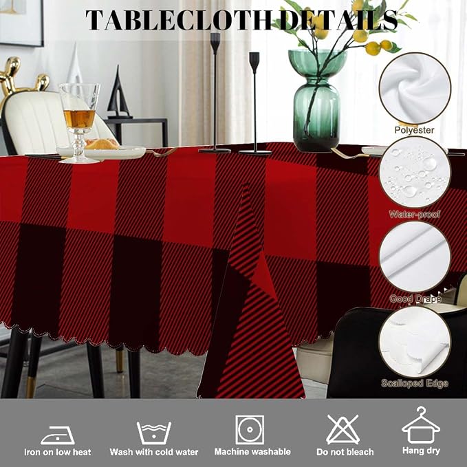Swono Buffalo Plaid Red Table Cloth Classic Lumberjack Tartan Pattern Rectangle Tablecloth Red Black Picnic Table Cover BBQ Table Cloths Polyester for Kitchen 50x72 Inch