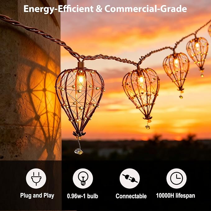 Outdoor Decorative String Lights, Beaded Copper Wire Teardrop Lantern String Lights, Incandescent Patio String Lights Plug in for Outside, Connectable Weatherproof for Home Pergola Bedroom Porch Party