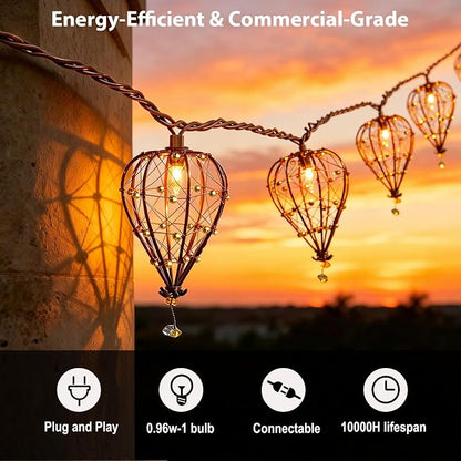 Outdoor Decorative String Lights, Beaded Copper Wire Teardrop Lantern String Lights, Incandescent Patio String Lights Plug in for Outside, Connectable Weatherproof for Home Pergola Bedroom Porch Party