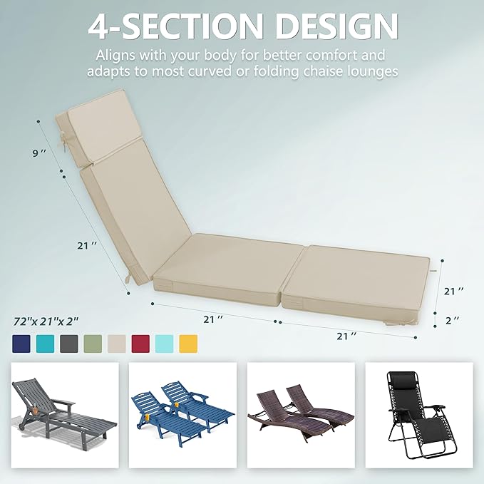 72 x 21 Inch Outdoor Chaise Lounge Cushion - Removable Cover, 4-Section Design, Water-Repellent & Fade-Resistant, 6 Tie Straps, Replacement for Patio & Pool Chairs - Cream