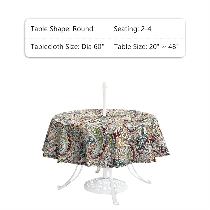LVTXIII Round Outdoor Tablecloth with Umbrella Hole and Zipper, Water-Repellent 60 Inch Patio Table Cover for Bistro, Garden, Patio & Picnic, Vibrant Paisley