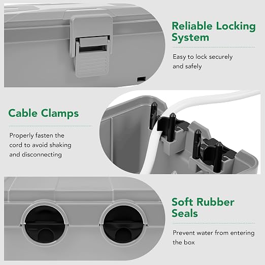Medium Outdoor Electrical Box(10.4x6x4.2inch), IP54 Waterproof, Weatherproof Connection Box w/6 Cable Entry Ports, Extension Cord Cover Protect Power Strip, String Lights, Timer, Plug, Grey