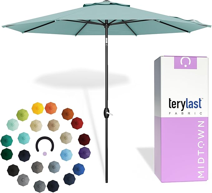 Midtown Umbrellas - 10-Year-No-Fade 6 Ft Patio Umbrella with Terylast Fabric, Auto-Tilt Aluminum Frame and 8 Reinforced Ribs for Deck, Pool, Garden & Beach - Aqua Canopy, Black Pole