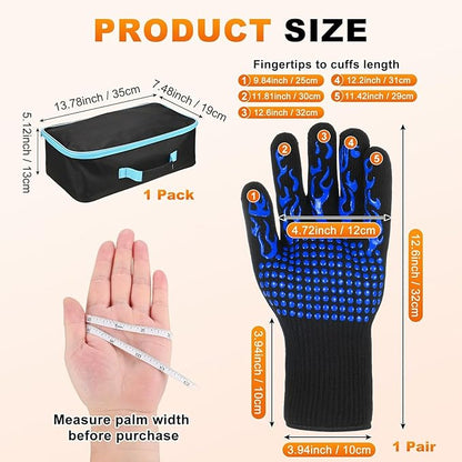 M METERXITY 1-Pair BBQ Gloves, 1472°F Heat Resistant Non-Slip Grilling Oven Gloves for Barbecue/Baking/Cooking, with Storage Bag [Flame Pattern L, Blue]