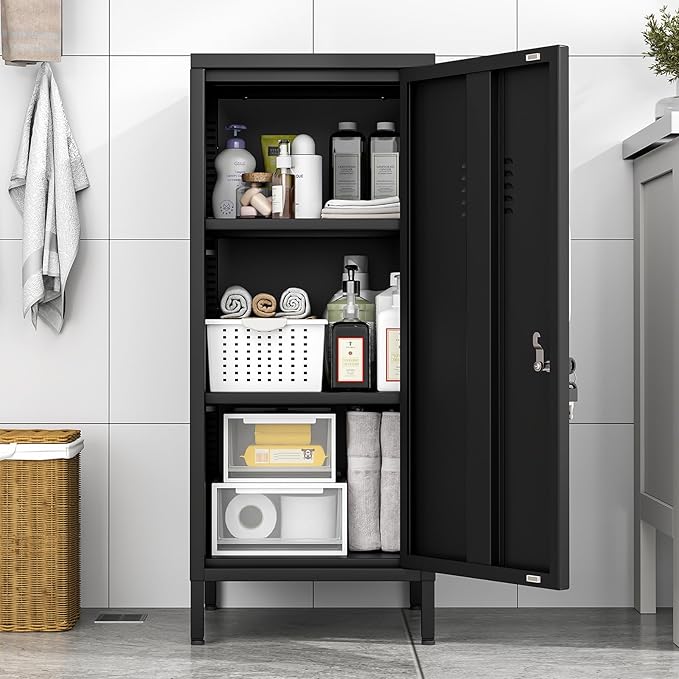 Black Metal Locker Cabinet, 35.4" H Home Office Storage Lockers, Vertical Steel Storage Cabinet with Locking Door and 2 Adjustable Shelves, Garage Tool File Cabinets for Home Office,Garage,Bathroom