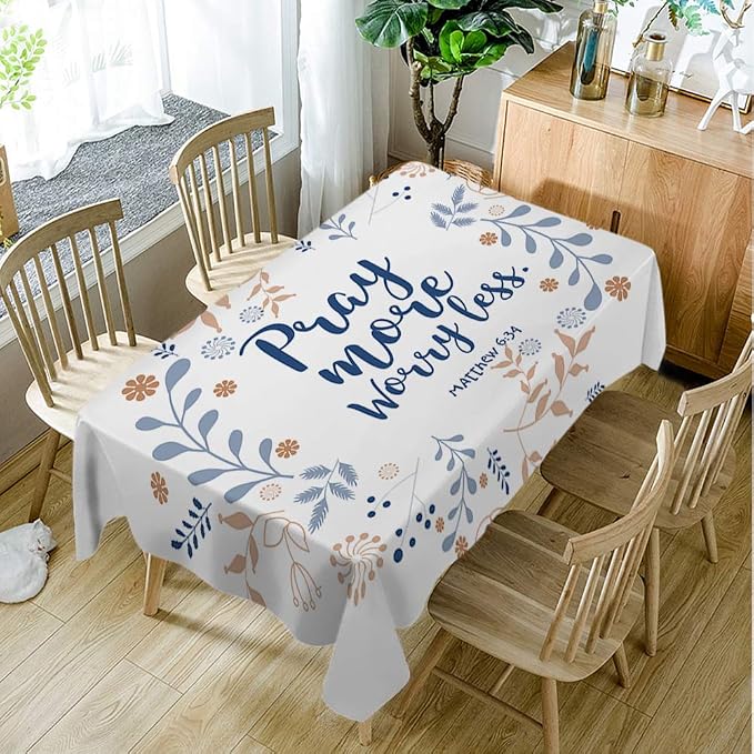 Moslion Pray More Worry Less Tablecloth 52x70 Inch Rectangle Tablecloth for Kitchen Dinning Room