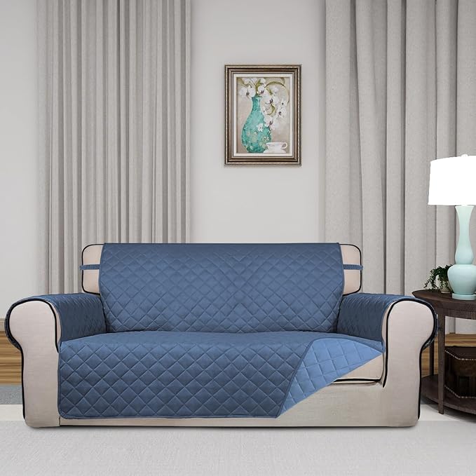 PureFit Reversible Quilted Couch Covers for Dogs Loveseat Sofa Cover 54" | Dark Blue/Light Blue, Water Resistant Couch Protector, Washable Pet Couch Cover with Non Slip and Elastic Straps For Kids