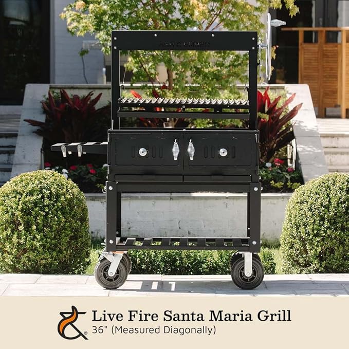 Ash & Ember Santa Maria Grill, Wood & Charcoal Argentine Grill, Hand Wheel for Adjustable Heat Control, BBQ Grill with V-Grates & Grease Trap, Argentinian Grills with Bottom & Side Shelf