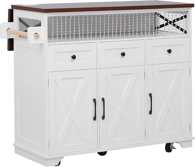 Bellemave 46.5" Farmhouse Kitchen Island cart with Charging Station and with Drape of Beads, Rolling Kitchen Island Table with Drop-Leaf, 3 Drawers, White