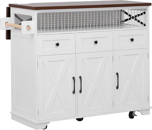 Bellemave 46.5" Farmhouse Kitchen Island cart with Charging Station and with Drape of Beads, Rolling Kitchen Island Table with Drop-Leaf, 3 Drawers, White