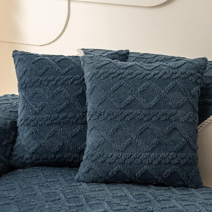 vctops Pack of 2 Geometric Jacquard Plush Throw Pillow Covers for Couch Bed Sofa Farmhouse Neutral Solid Color Soft Cushion Covers (Dark Blue,18"x18")