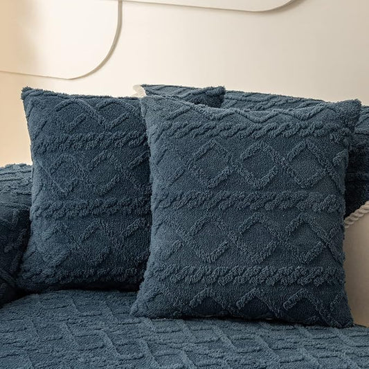 vctops Pack of 2 Geometric Jacquard Plush Throw Pillow Covers for Couch Bed Sofa Farmhouse Neutral Solid Color Soft Cushion Covers (Dark Blue,18"x18")
