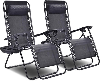 Giantex 2 PCS Zero Gravity Chair Patio Chaise Lounge Chairs Outdoor Yard Pool Recliner Folding Lounge Chair with Cup Holder (Black)